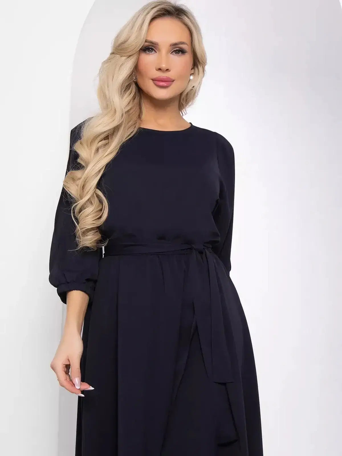 Twilight Grace Midi Dress in deep navy with elegant cutout sleeves and a belted waist, perfect for versatile occasions.