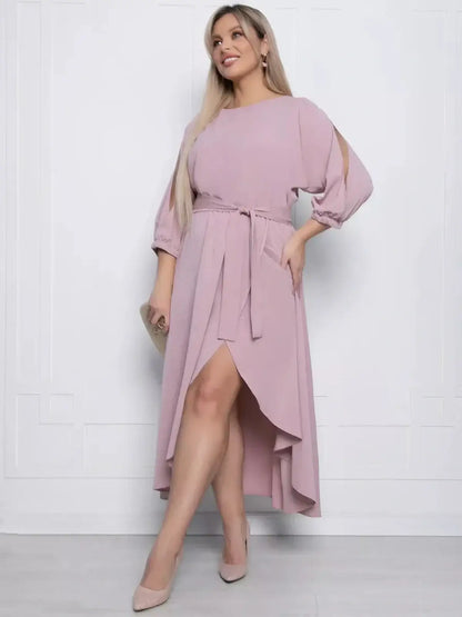 Elegant Blush Aura Midi Dress with cut-out shoulders and a flattering high-low silhouette, perfect for weddings and special occasions.