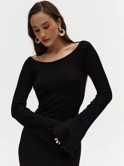 Elegant black midi dress with long flared sleeves and scoop neckline, ideal for formal occasions or summer events.