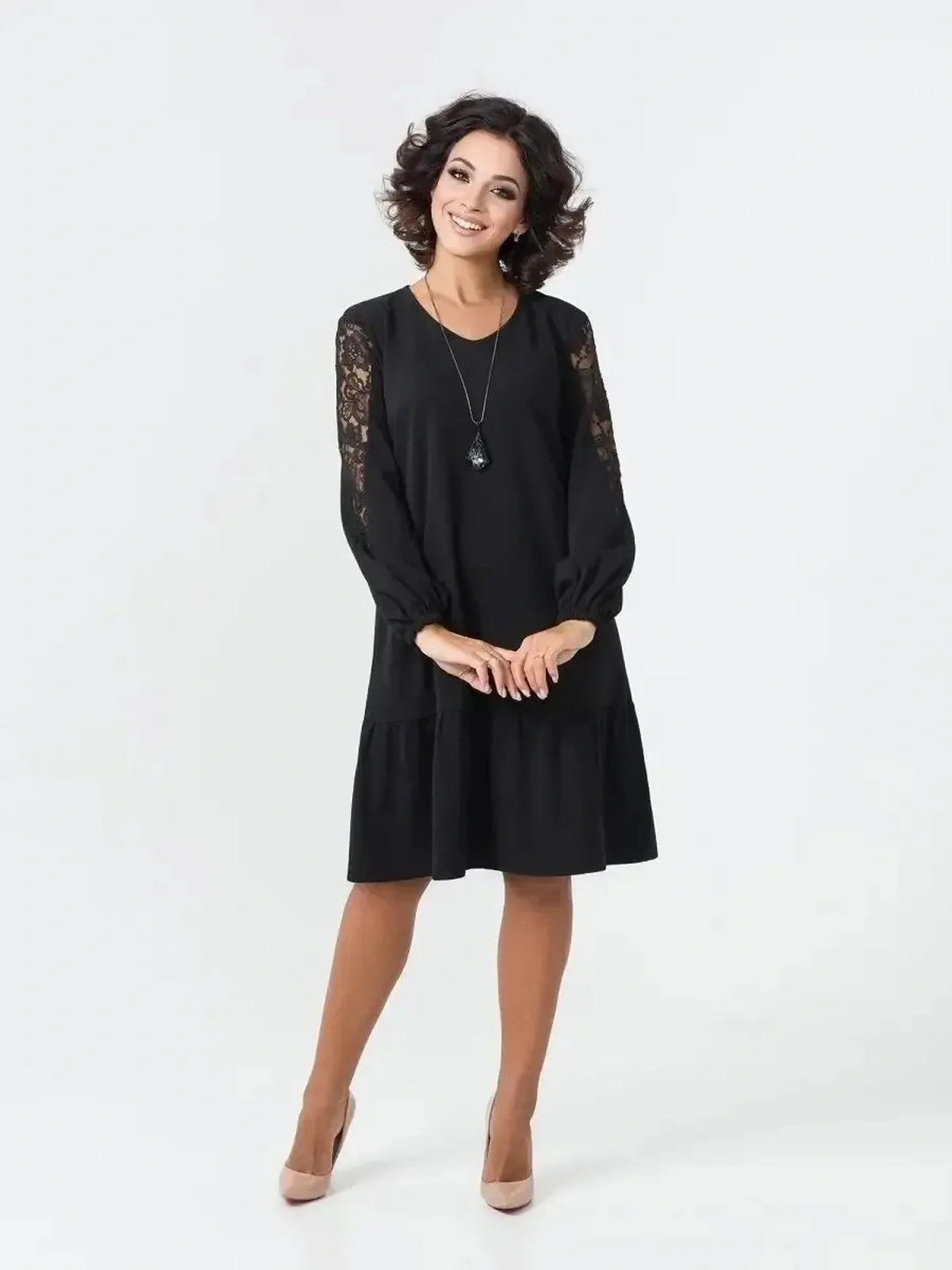 Elegant black dress with sheer floral lace sleeves, perfect for weddings, proms, and formal occasions.