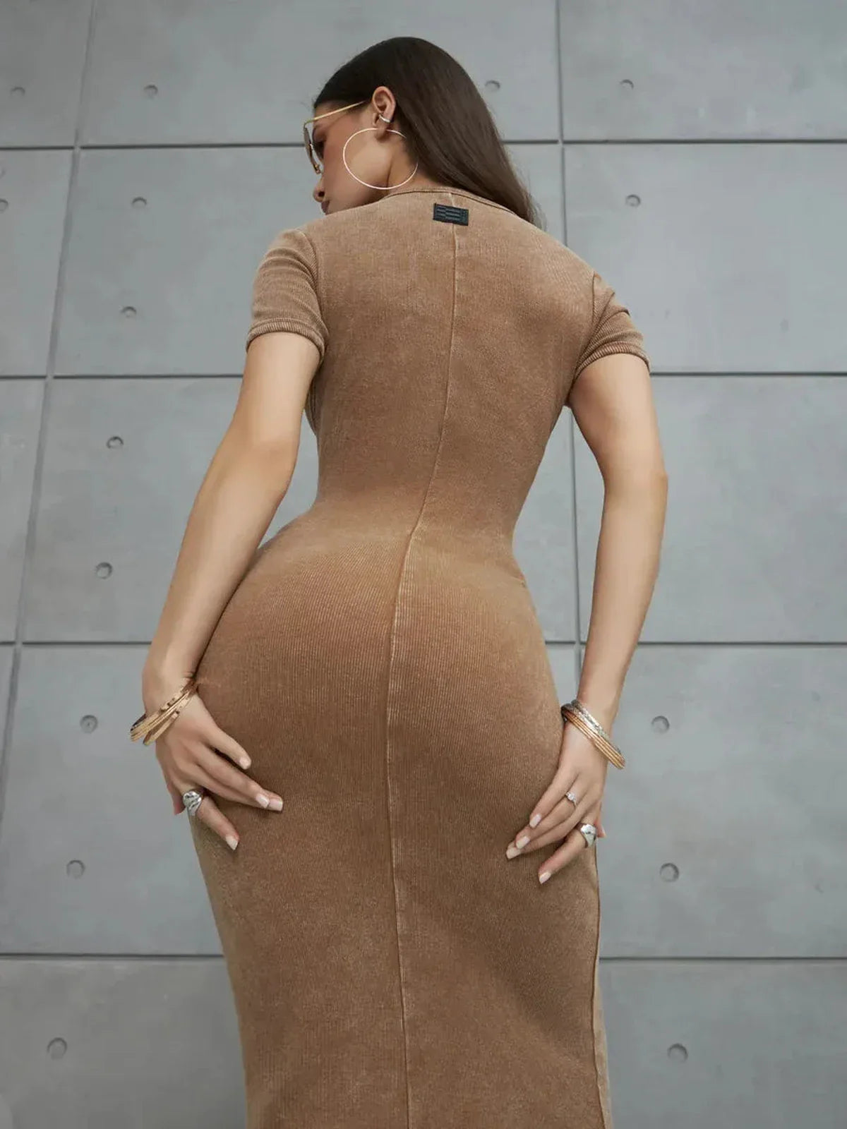 Sculpted Ease Maxi Dress in washed tobacco hue showcasing a flattering silhouette, ideal for summer and wedding guest attire.