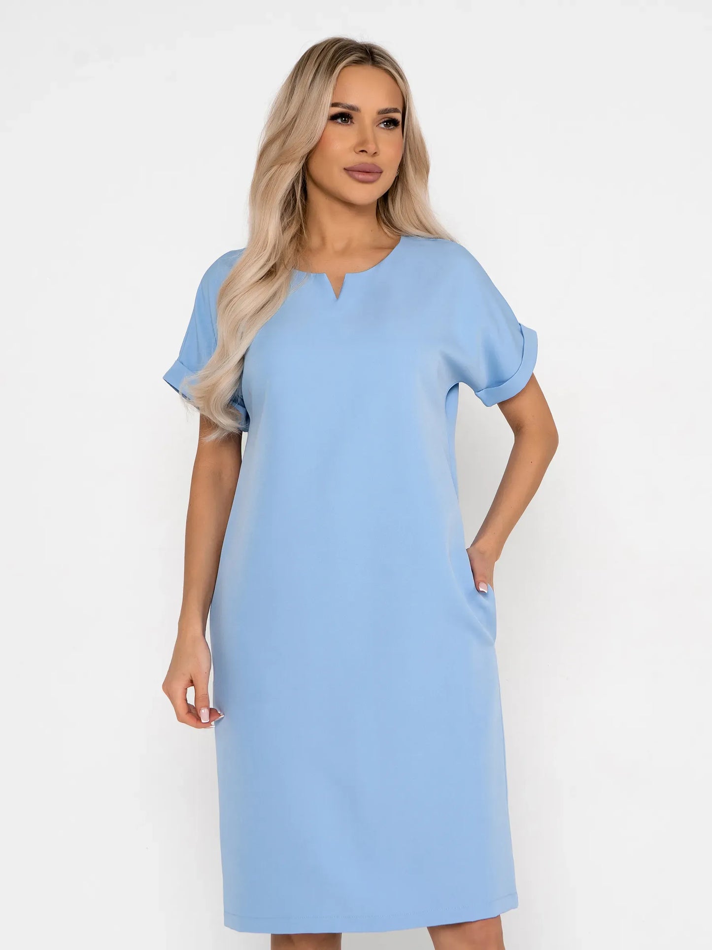 Light blue mini dress with rolled sleeves and V-notch neckline, perfect for versatile summer and casual occasions.