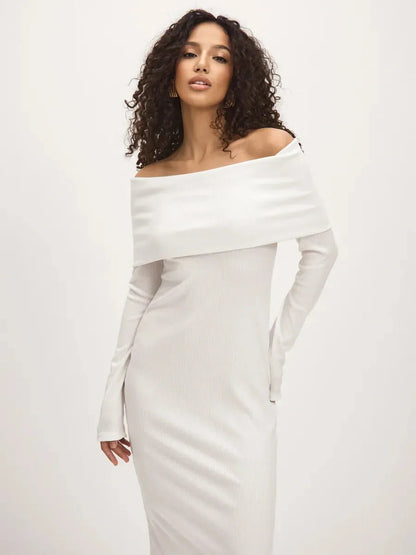 Sculpted Grace Maxi Dress featuring an off-shoulder silhouette and side slit, ideal for weddings and formal events.