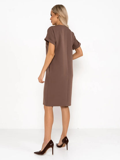 Back view of a sleek mocha mini dress with short sleeves, perfect for summer and formal occasions.