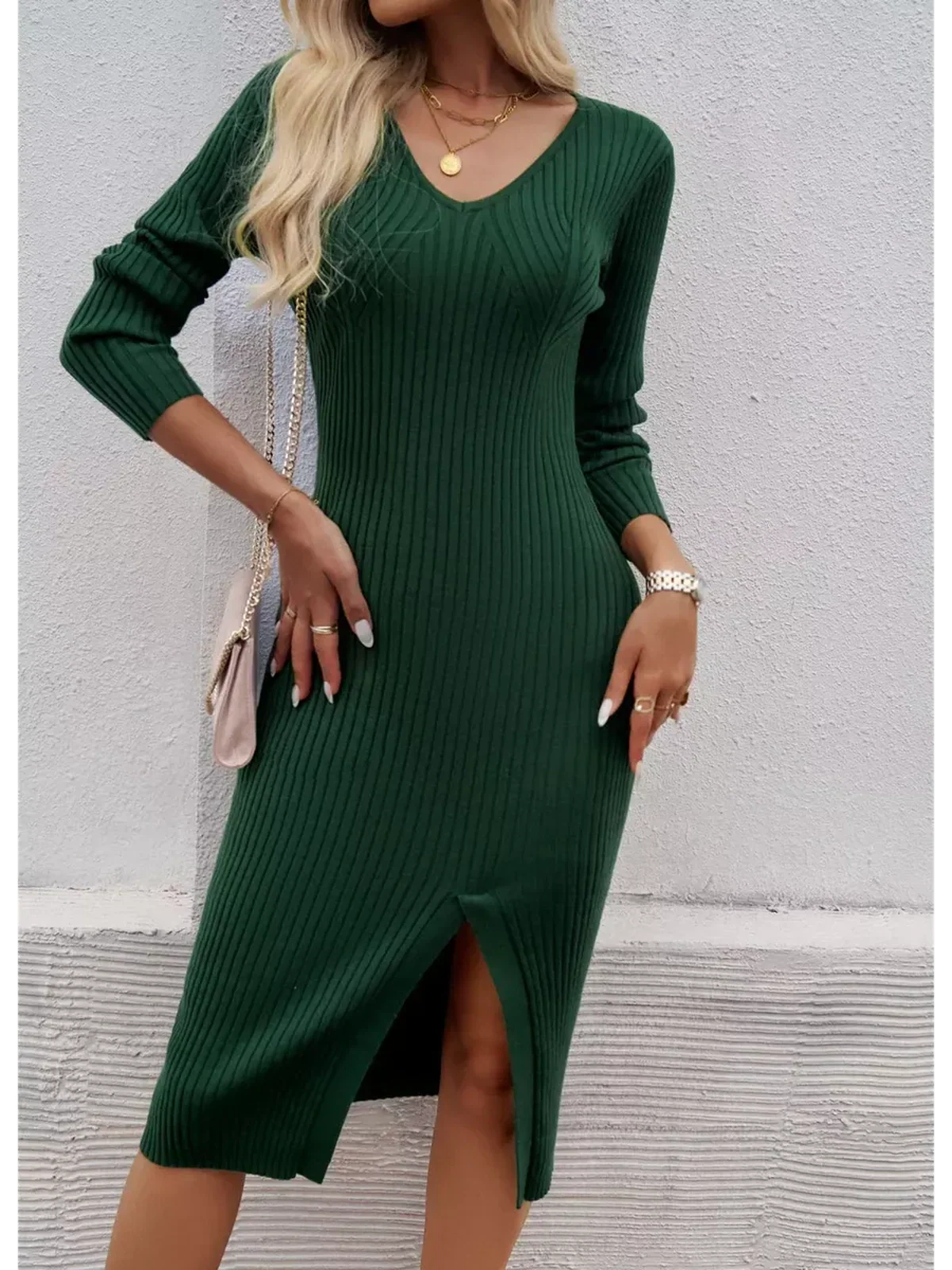 Verona Midi Dress in green ribbed knit with front slit and V-neck, perfect for weddings and formal occasions.