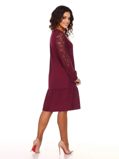 Elegant Lace Ruby mini dress in deep cherry with sheer lace sleeves and a drop-waist ruffle hem, perfect for special occasions.