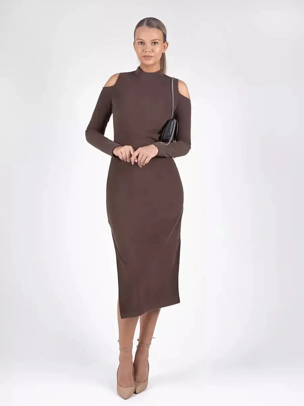 Sleek brown midi dress with cut-out shoulders, ideal for formal events or casual wear, showcasing a modern silhouette.
