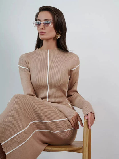 Sculpted Line Midi Dress in soft beige featuring contour seams, perfect for wedding guests, graduations, or upscale events.