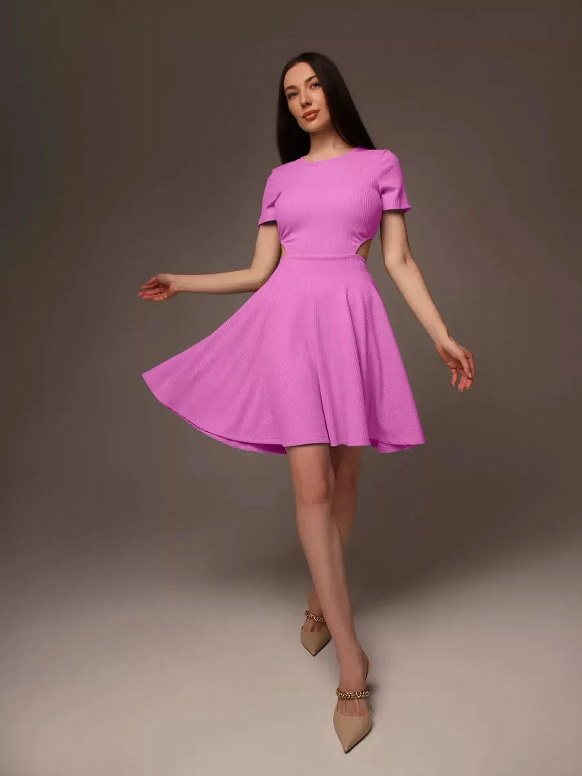 Cutout Charm Mini Dress in bright pink with fit-and-flare silhouette, perfect for summer, weddings, and special occasions.