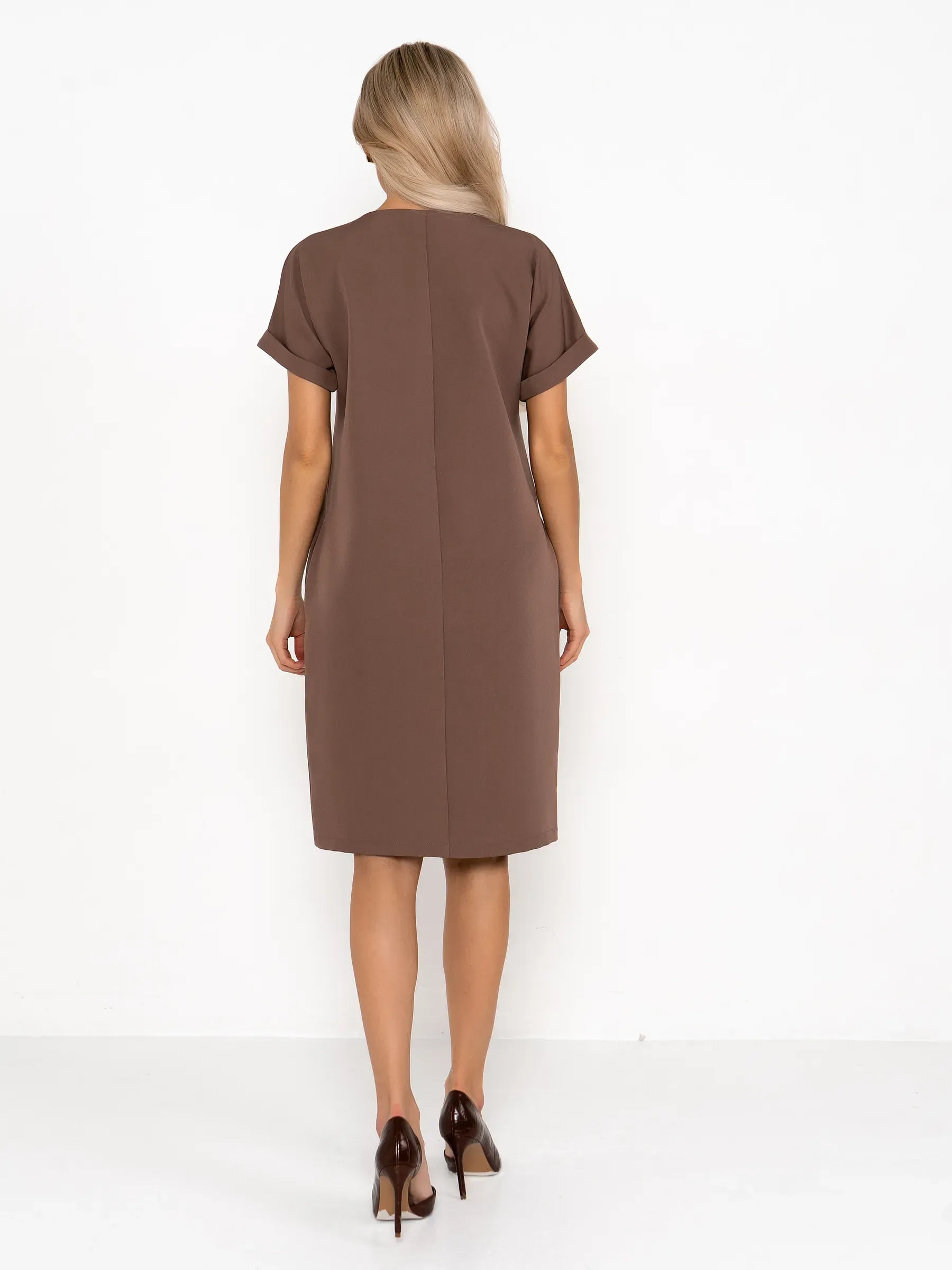 Back view of the Mocha Frame mini dress in rich taupe, perfect for summer and various formal occasions.