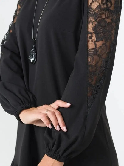 Elegant black dress featuring sheer floral lace sleeves, perfect for weddings, proms, and formal events.