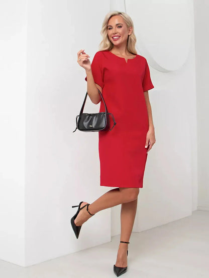 Elegant red mini dress with a clean neckline and flattering silhouette, perfect for weddings and formal events.