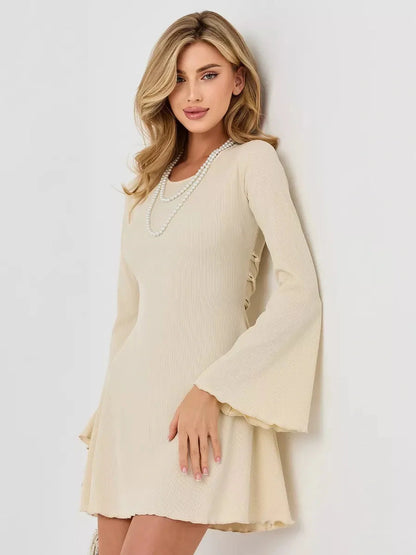 Ivory Flare mini dress with flared bell sleeves, perfect for weddings, proms, and summer events, showcasing a flattering silhouette.
