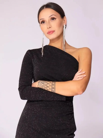 Model showcasing the Luna Noir Maxi Dress in black with one-shoulder design and subtle sparkle, perfect for formal occasions.