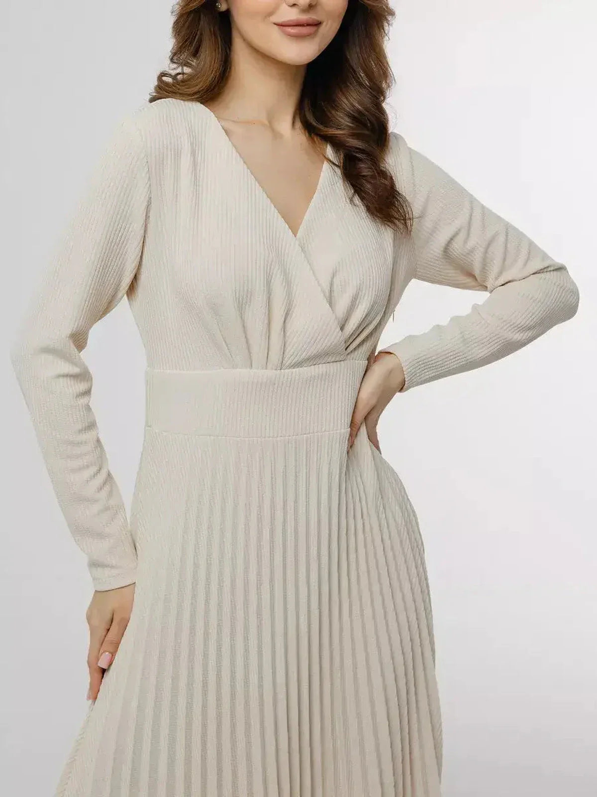 Ivory Grace Midi Dress featuring pleated design and V-neckline, perfect for weddings and formal events.