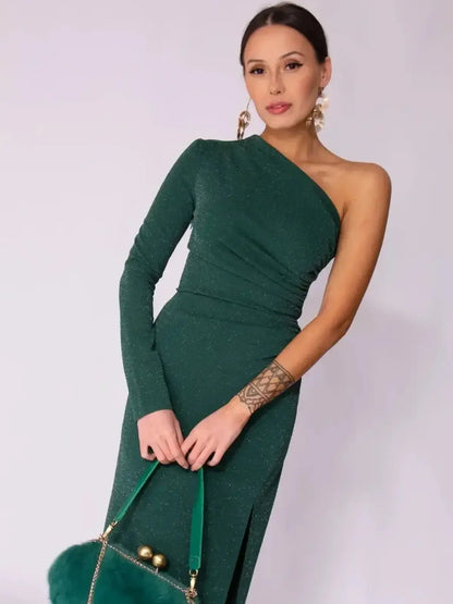 Emerald Spark Maxi Dress in rich green, one-shoulder design with shimmer and high side slit, perfect for weddings and formal events.