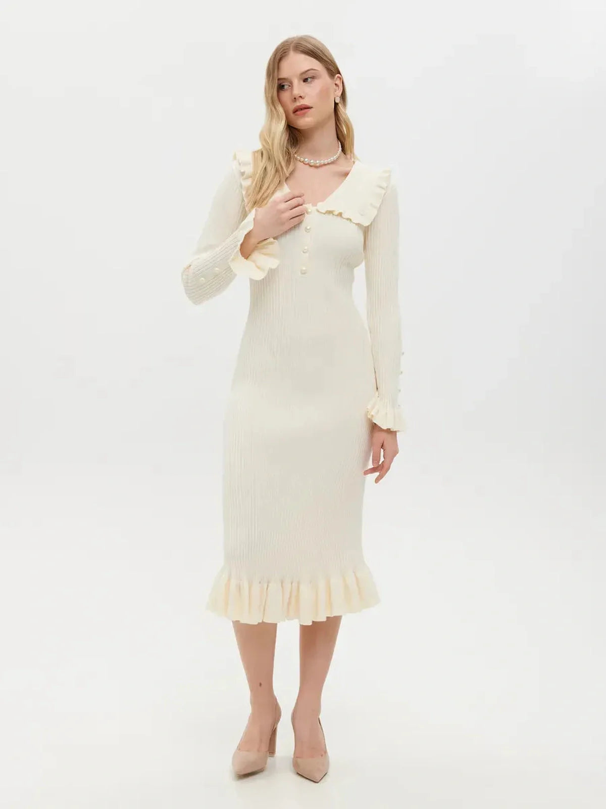 Elegant pearl ruffle midi dress featuring a flounce collar and textured knit, perfect for weddings and formal occasions.
