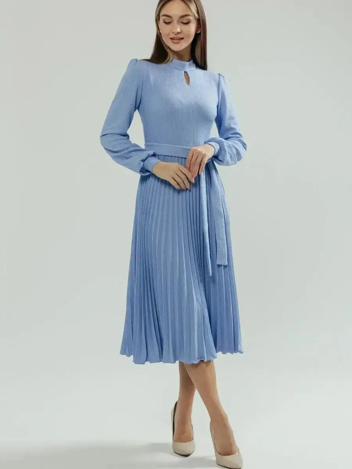 Elegance Midi Dress in powder blue, pleated sophistication with long sleeves and a delicate teardrop cutout.