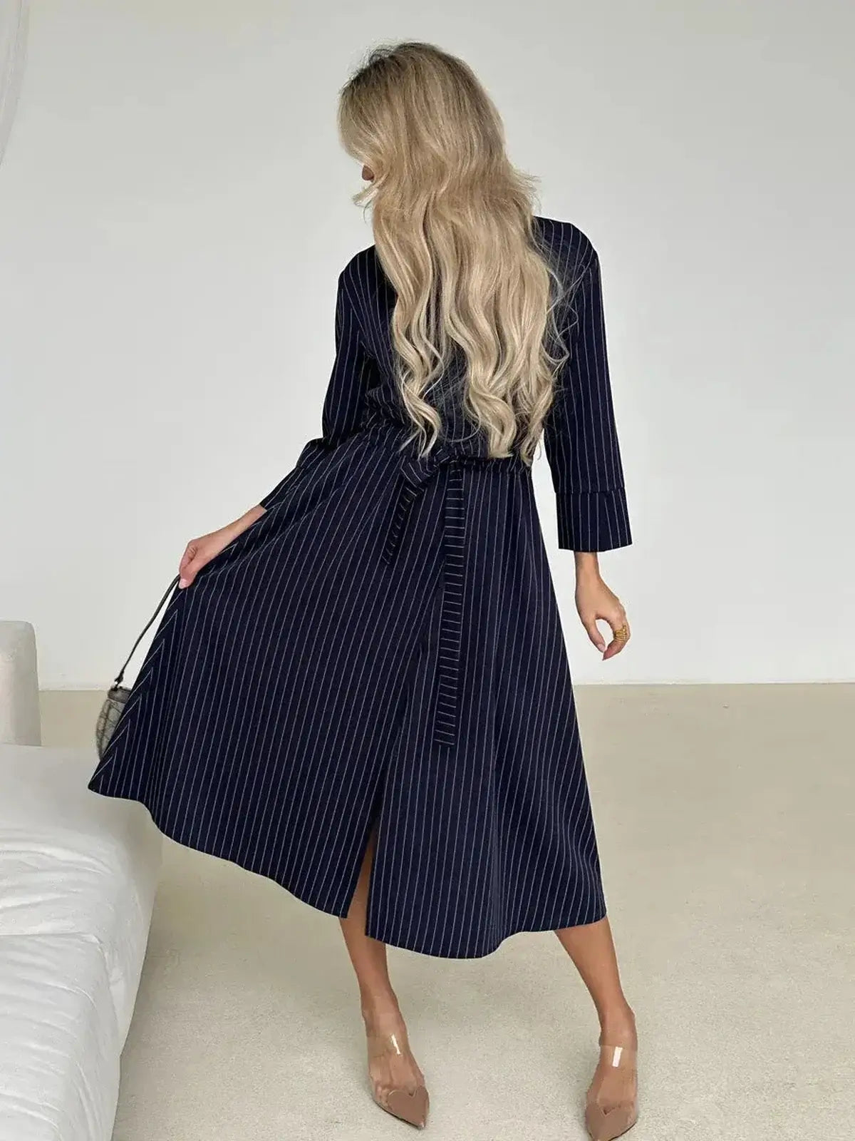 Pinstripe midi dress with self-tie waist, perfect for summer weddings, prom, and formal occasions.