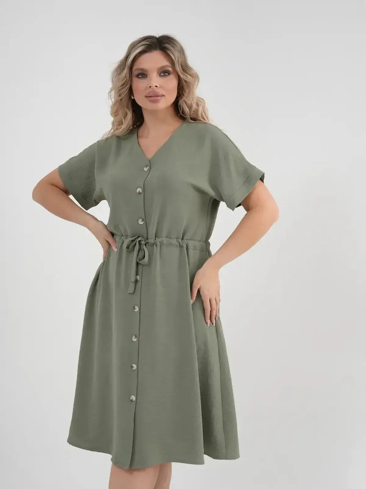 Botany Midi Dress in khaki, a breathable V-neck style, perfect for summer, featuring a cinched waist and button details.