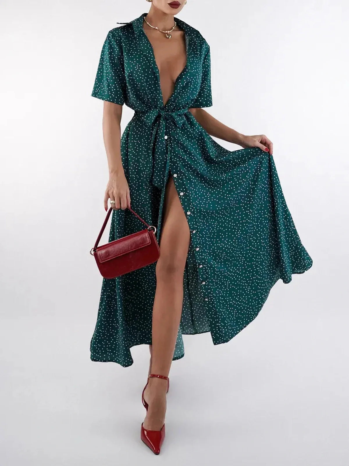 Emerald Dot Midi Dress featuring a flattering button-down design with polka dots, perfect for wedding guest or summer styling.