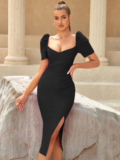 Black Sculpt Midi Dress with puffed sleeves and thigh slit, perfect for weddings, proms, and formal occasions.