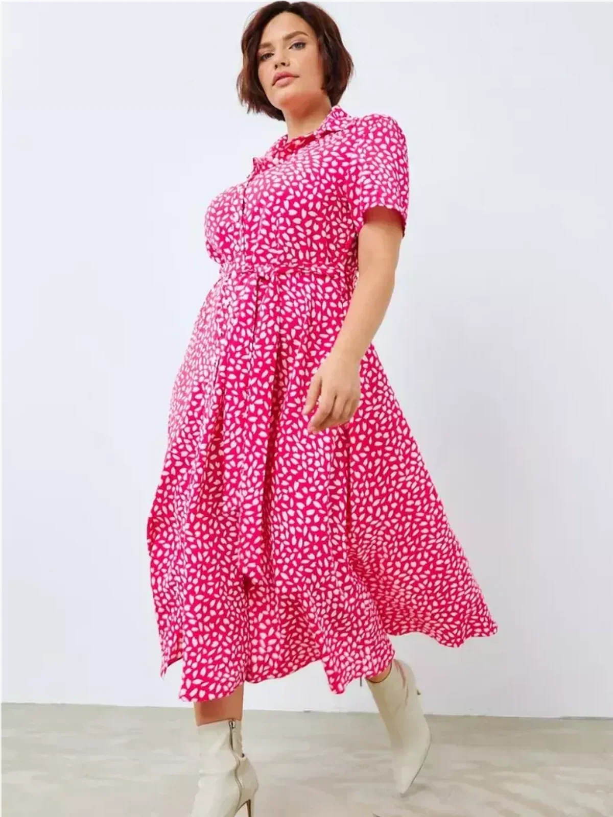 Fuchsia Petal Pop Midi Dress featuring an abstract white petal print, perfect for summer occasions and weddings.