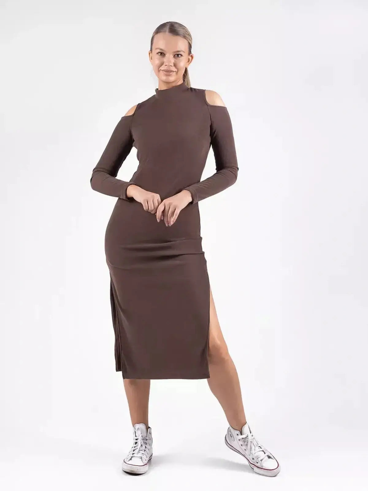Midi Dress Élan in rich coffee hue features cut-out shoulders and a sleek silhouette perfect for weddings or casual outings.