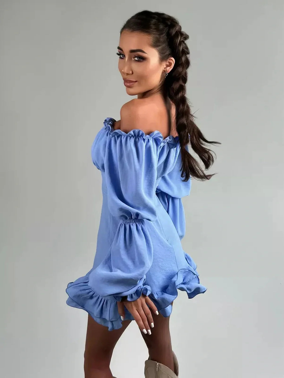Boho frill mini dress in sky blue, off-shoulder style with romantic ruffles, perfect for summer weddings and parties.