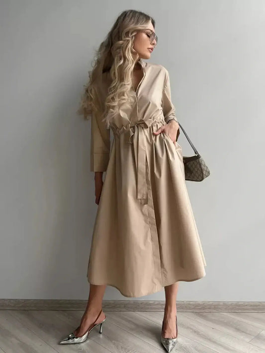 Elegant Studio Beige Midi Dress with a tailored silhouette, perfect for weddings and special occasions.