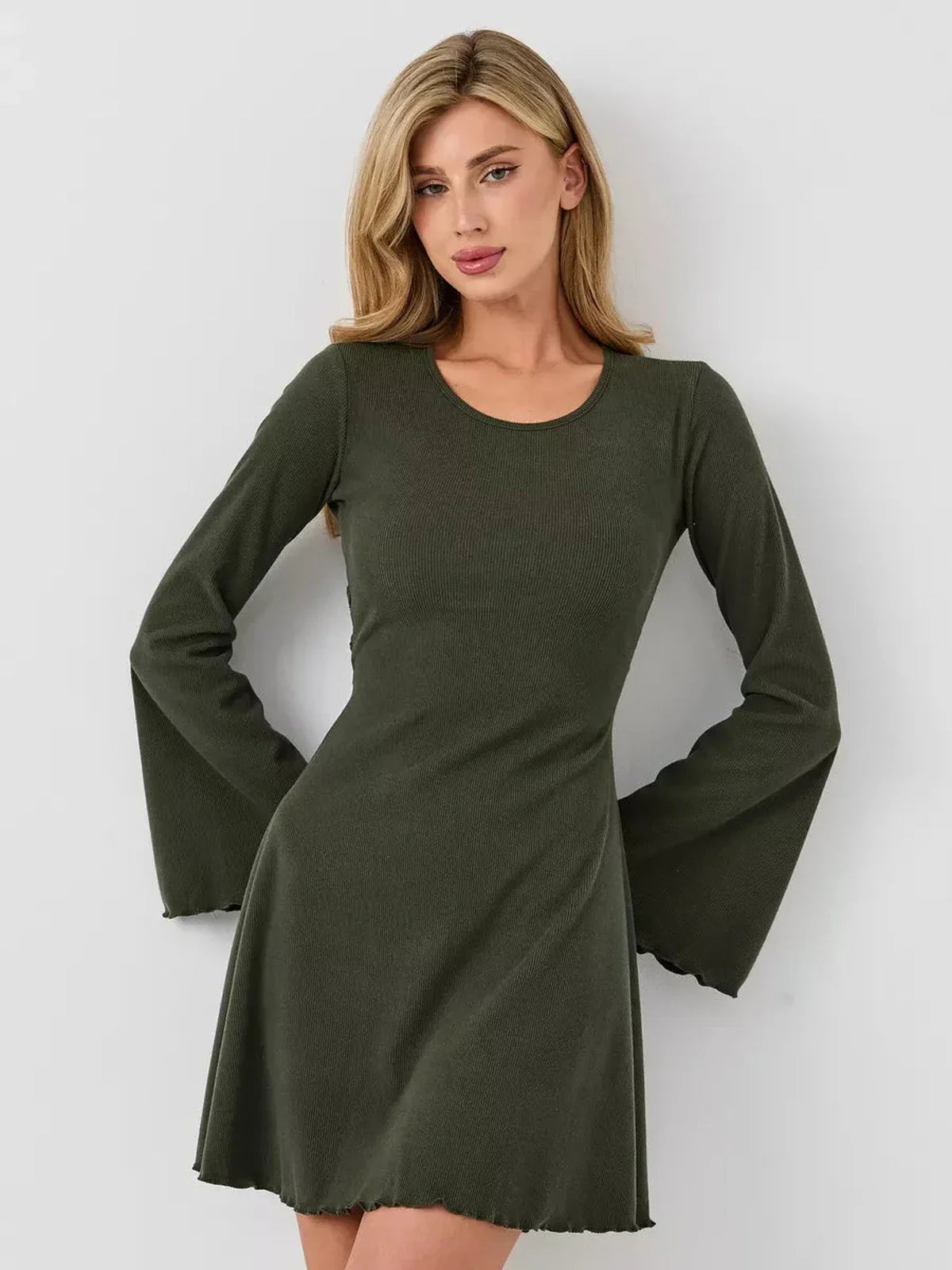 Ivy Bell mini dress in olive green, featuring flared bell sleeves and a sculpting A-line silhouette, perfect for summer events.