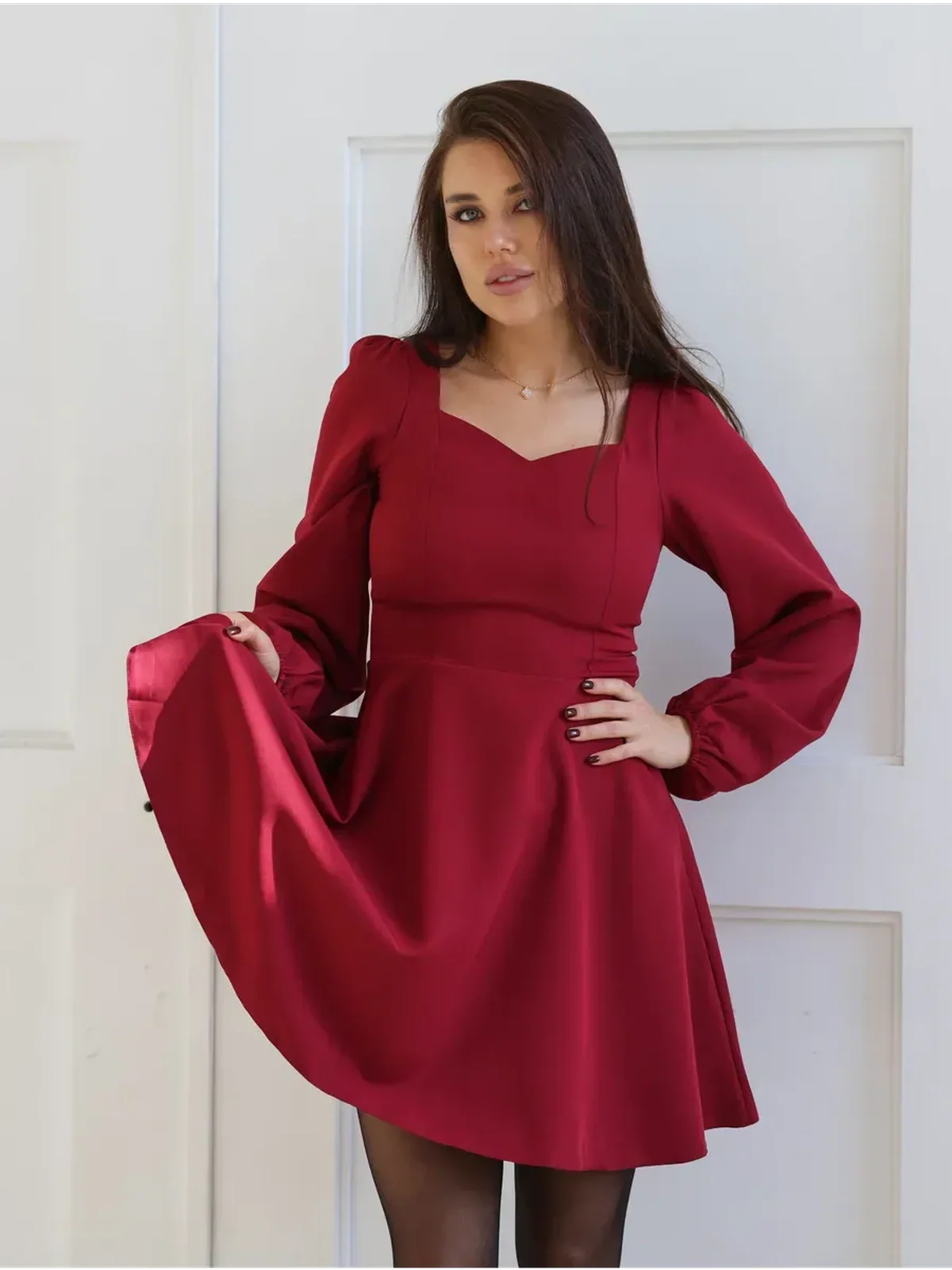 Ruby Flare red dress with sweetheart neckline and flared skirt, perfect for weddings, prom, and special occasions.