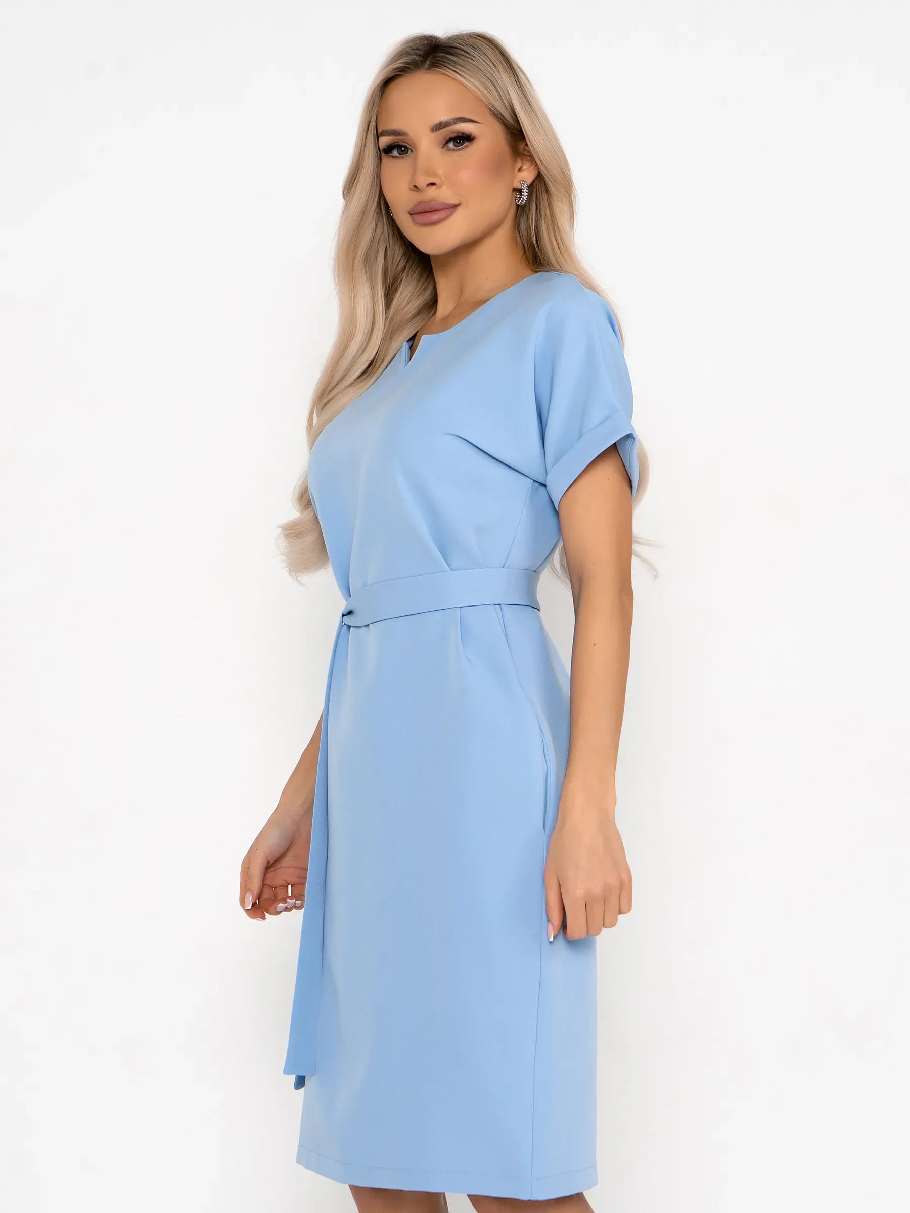 Light blue mini dress with rolled short sleeves and self-tie belt, perfect for summer and casual events.