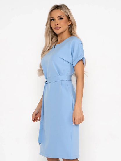 Light blue mini dress with rolled short sleeves and self-tie belt, perfect for summer and casual events.