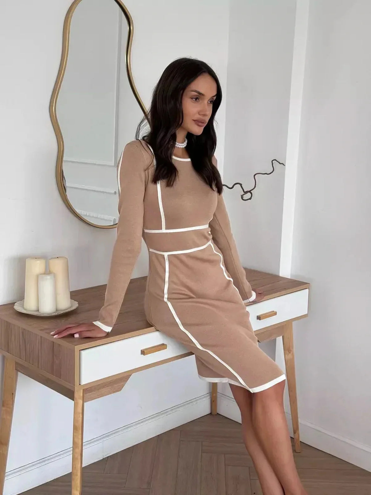 Chic Outline Midi Dress in soft sand with white trim, perfect for weddings, parties, or casual occasions.