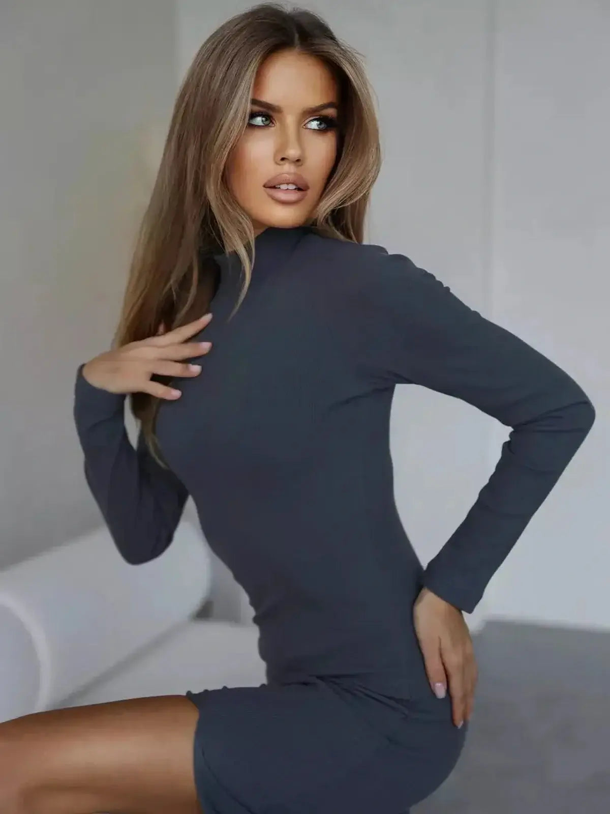 Sculpted Grace Midi Dress in sleek gray, featuring a high neckline and fitted silhouette, perfect for various occasions.