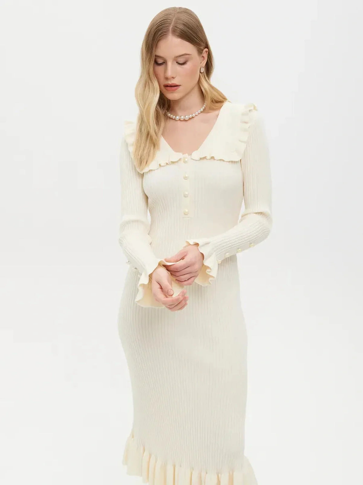 Elegant Pearl Ruffle Midi Dress with romantic collar and buttons, perfect for weddings or special occasions.