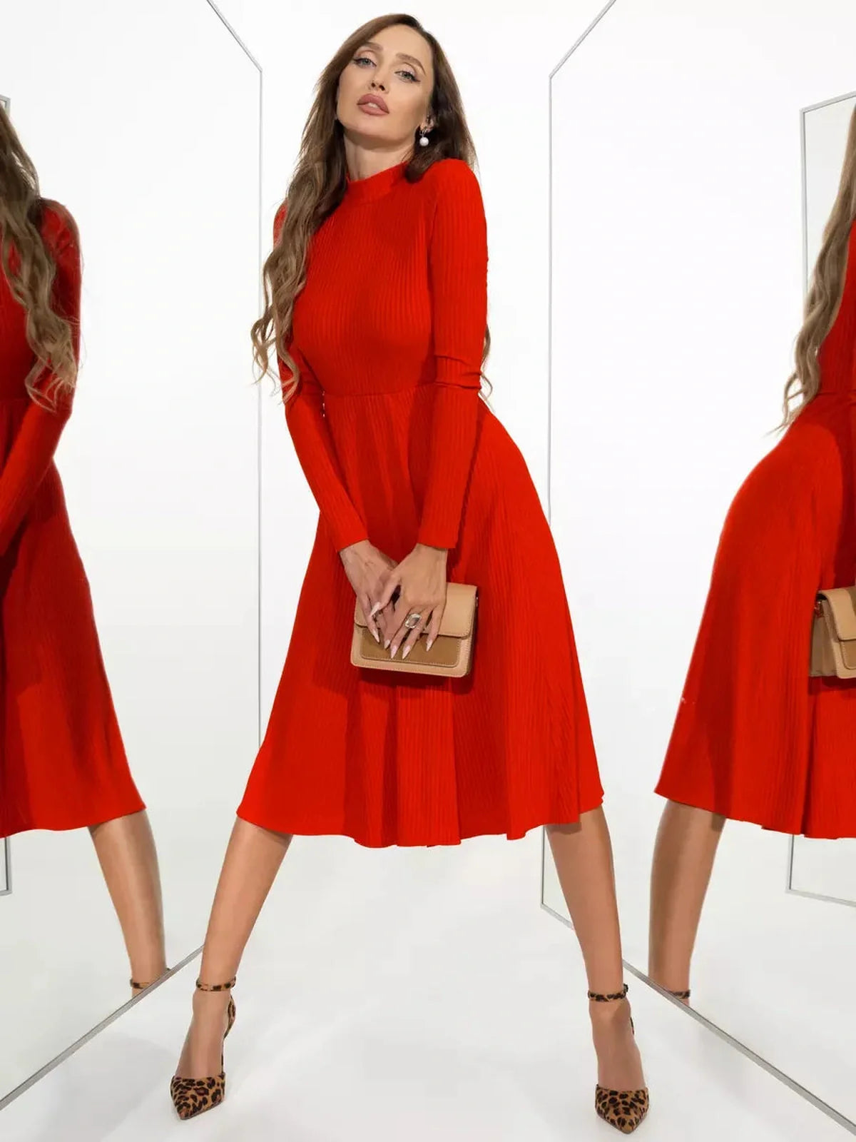Crimson Charm Midi Dress in bold red, showcasing elegant long sleeves and a flattering back cutout, perfect for special occasions.