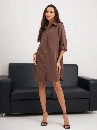 Brown tailored mini dress with button-down front and oversized pockets, ideal for summer and casual occasions.