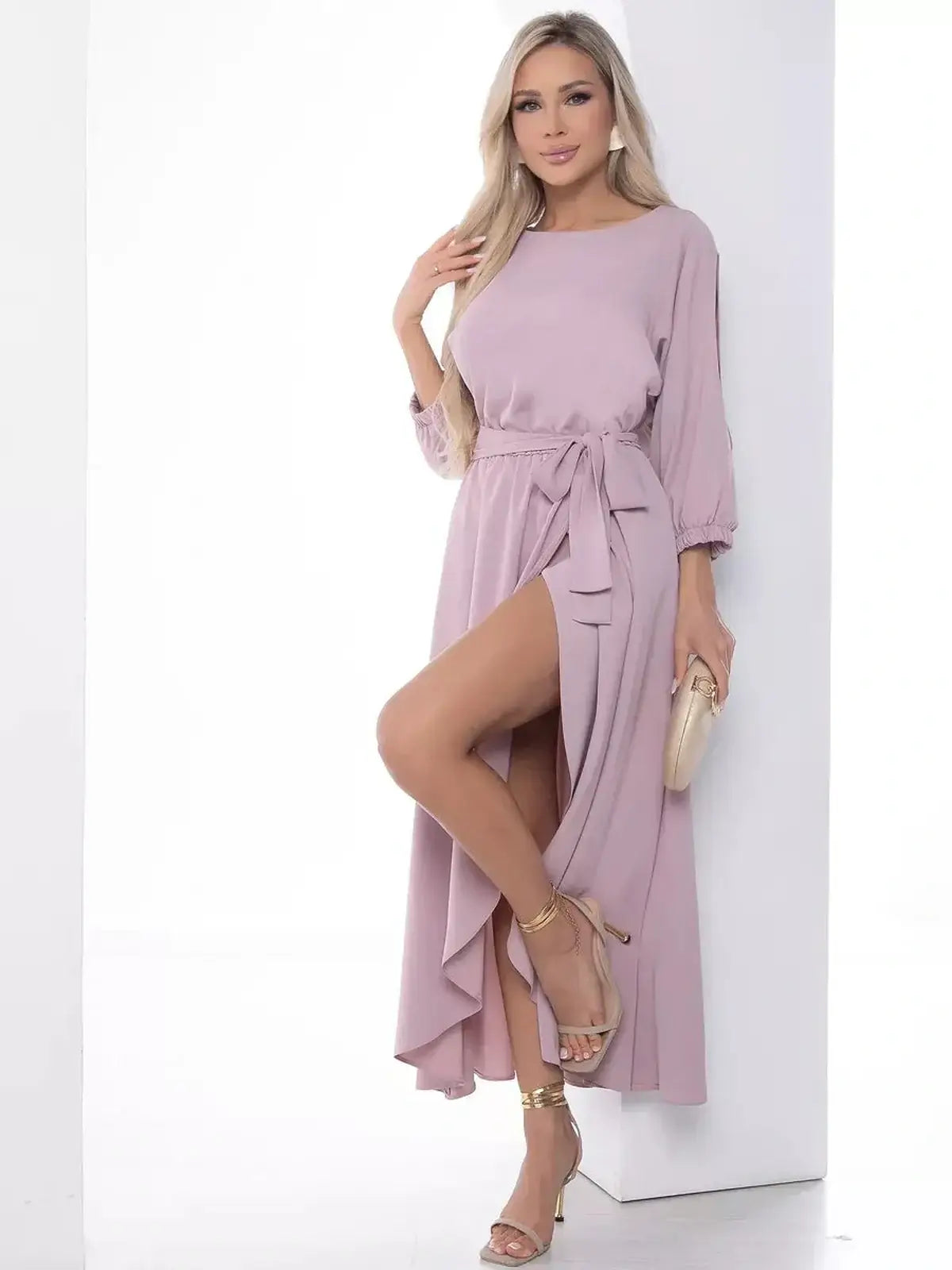 Blush Aura Midi Dress featuring elegant shoulder cut-outs and a flowy silhouette, perfect for weddings, proms, and special occasions.