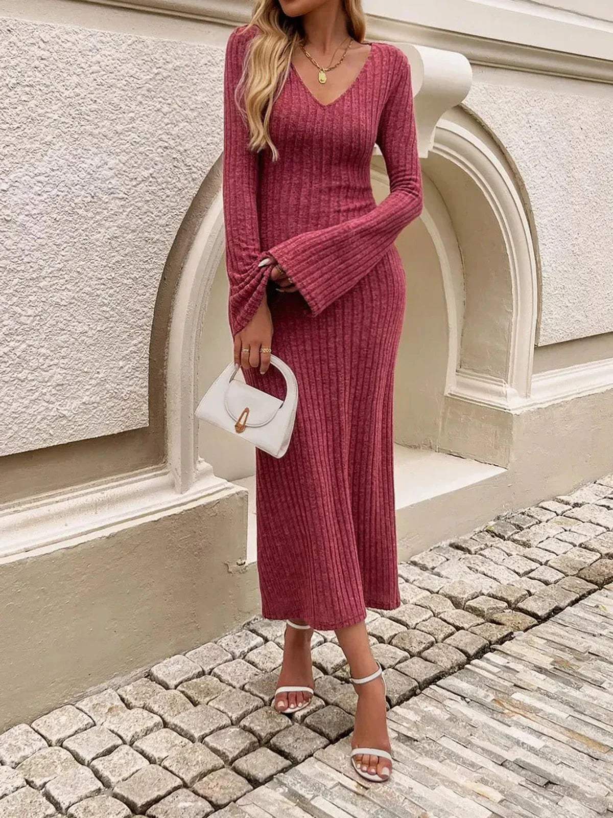 Chestnut Charm Midi Dress in ribbed knit features a V-neckline and flared sleeves, perfect for elegant outings and gatherings.