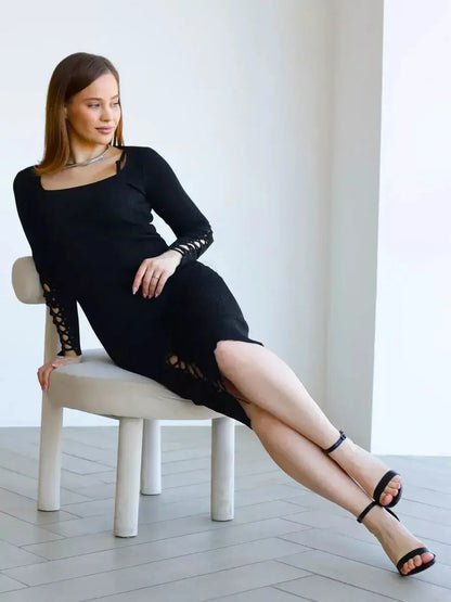 Laced Allure Midi Dress in black featuring a square neckline and lace-up detailing, styled for a chic look.