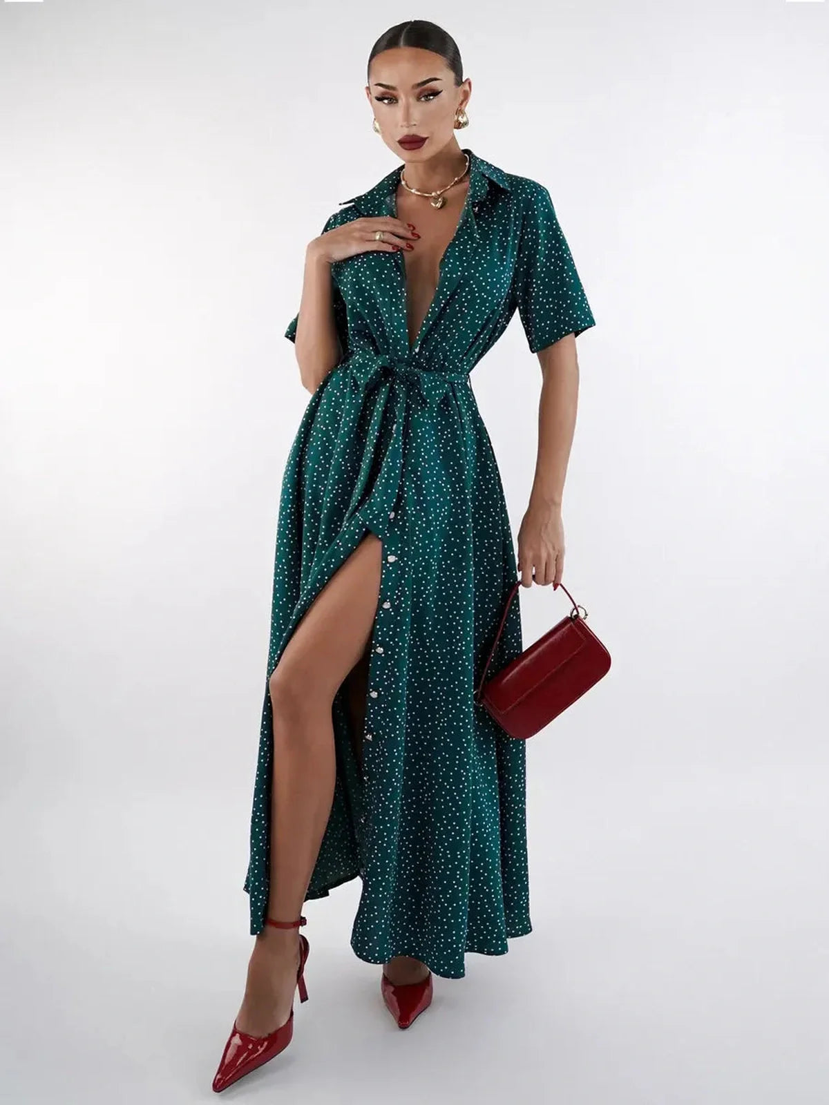 Emerald Dot Midi Dress featuring polka dots, V-neckline, and cinched waist, perfect for weddings, parties, and summer occasions.