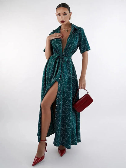 Emerald Dot Midi Dress featuring polka dots, V-neckline, and cinched waist, perfect for weddings, parties, and summer occasions.