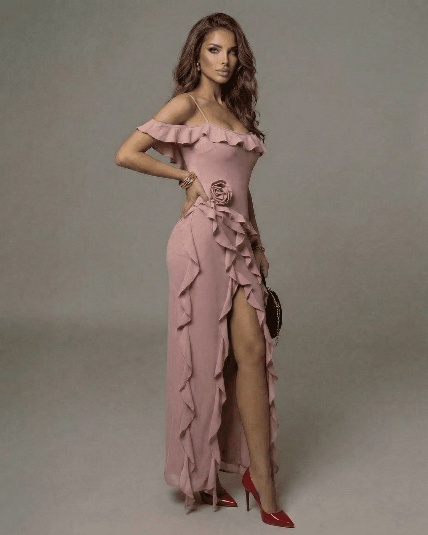 Serena Maxi Dress by Slimona - Blush Pink Ruffle Ankle-Length Off-Shoulder Dress with Side Slit
