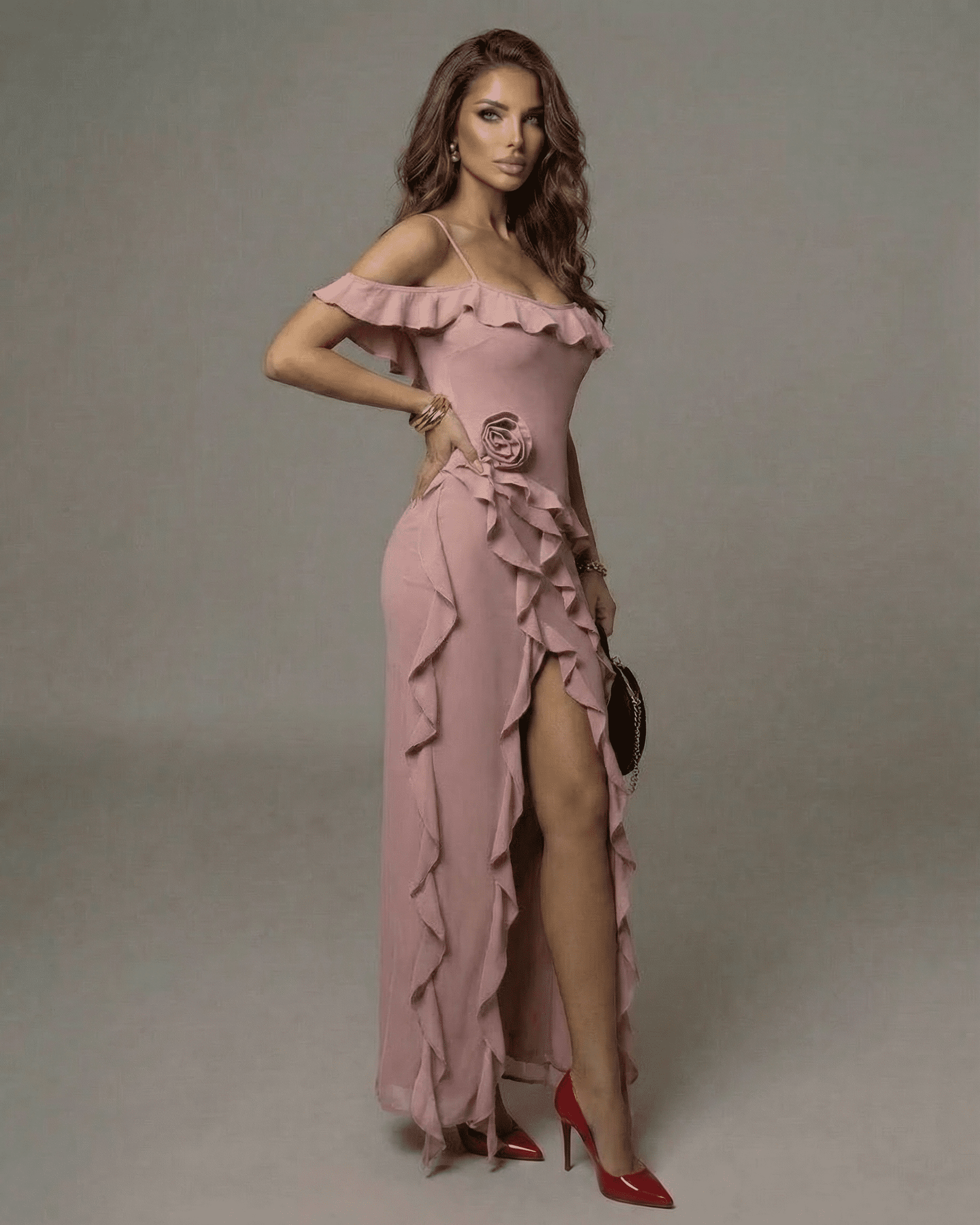 Serena Maxi Dress by Slimona - Blush Pink Ruffle Ankle-Length Off-Shoulder Dress with Side Slit