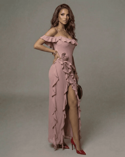 Serena Maxi Dress by Slimona - Blush Pink Ruffle Ankle-Length Off-Shoulder Dress with Side Slit