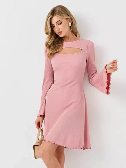 Stylish pink Blush Whisper summer dress featuring flared sleeves and U-neckline, perfect for wedding guest or prom events.