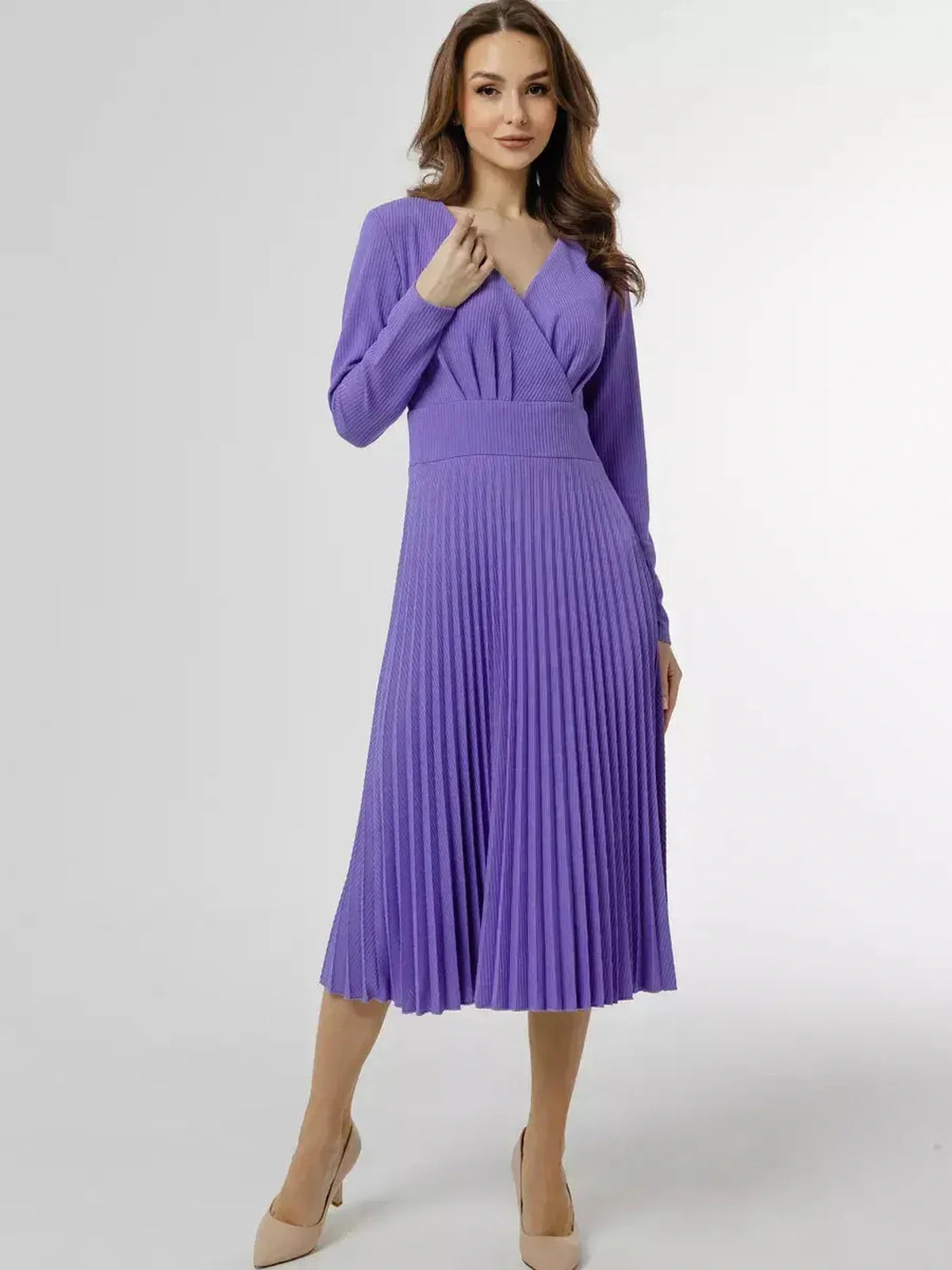 Luxe pleated midi dress in rich violet with a flattering V-neck and long sleeves, perfect for summer or formal occasions.