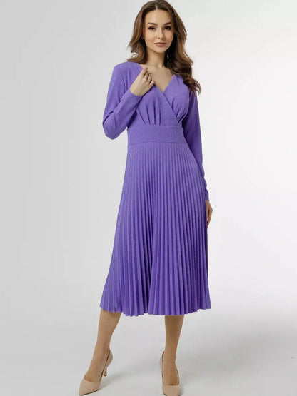 Luxe pleated midi dress in rich violet with a flattering V-neck and long sleeves, perfect for summer or formal occasions.